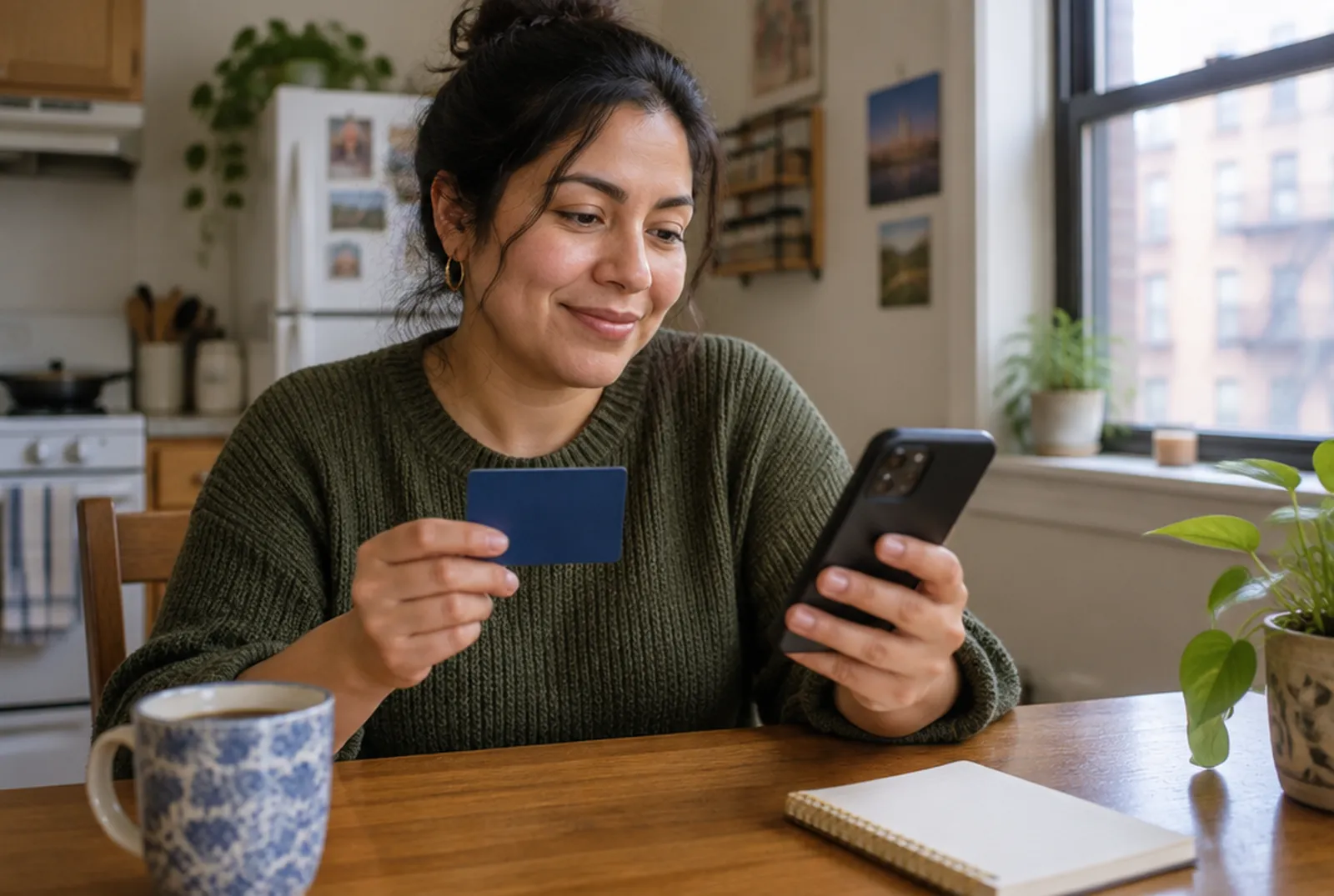 Una mujer en la mesa de su cocina sostiene una tarjeta bancaria mientras revisa su celular
