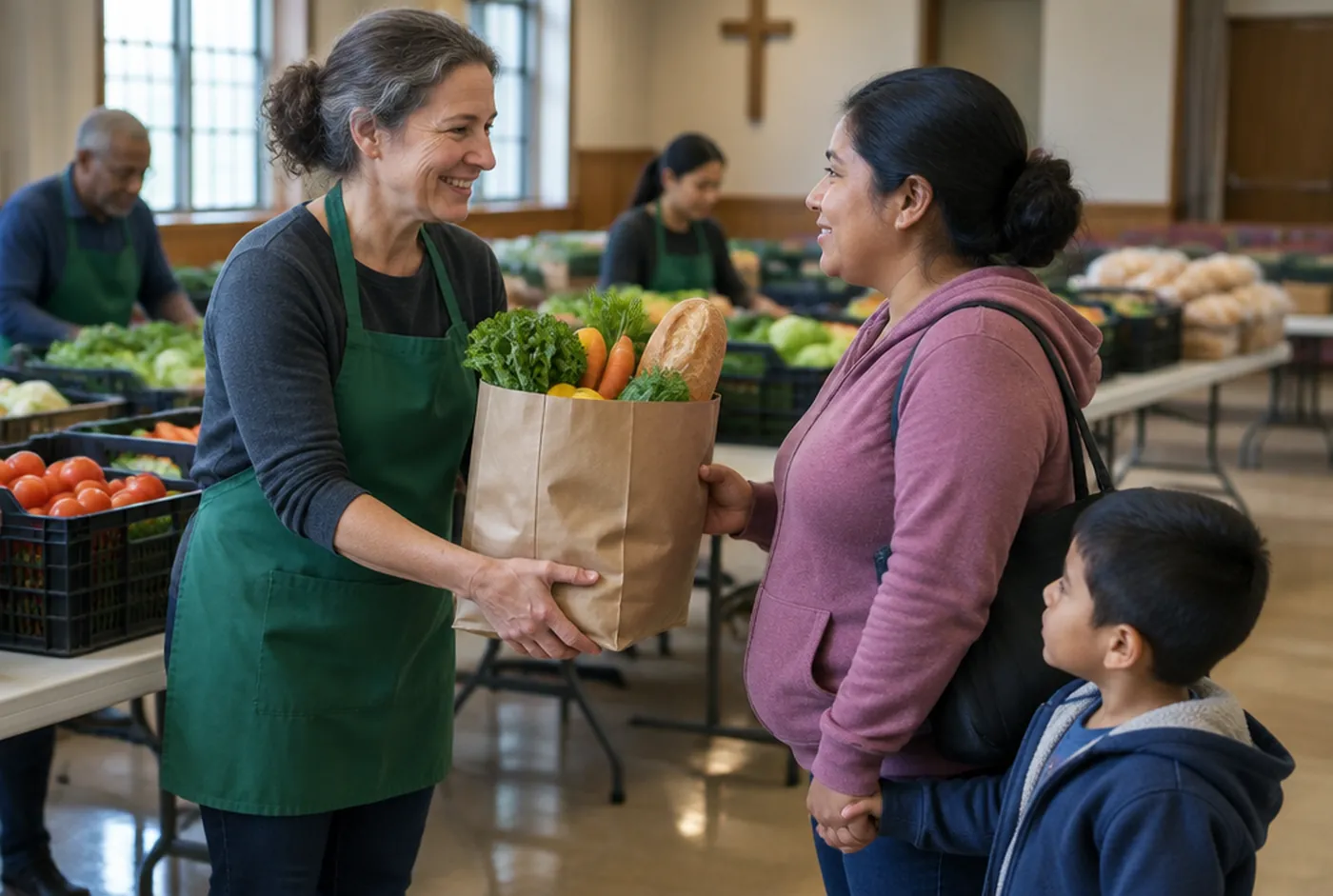 Una voluntaria entrega una bolsa de alimentos a una madre y su hijo en una despensa comunitaria