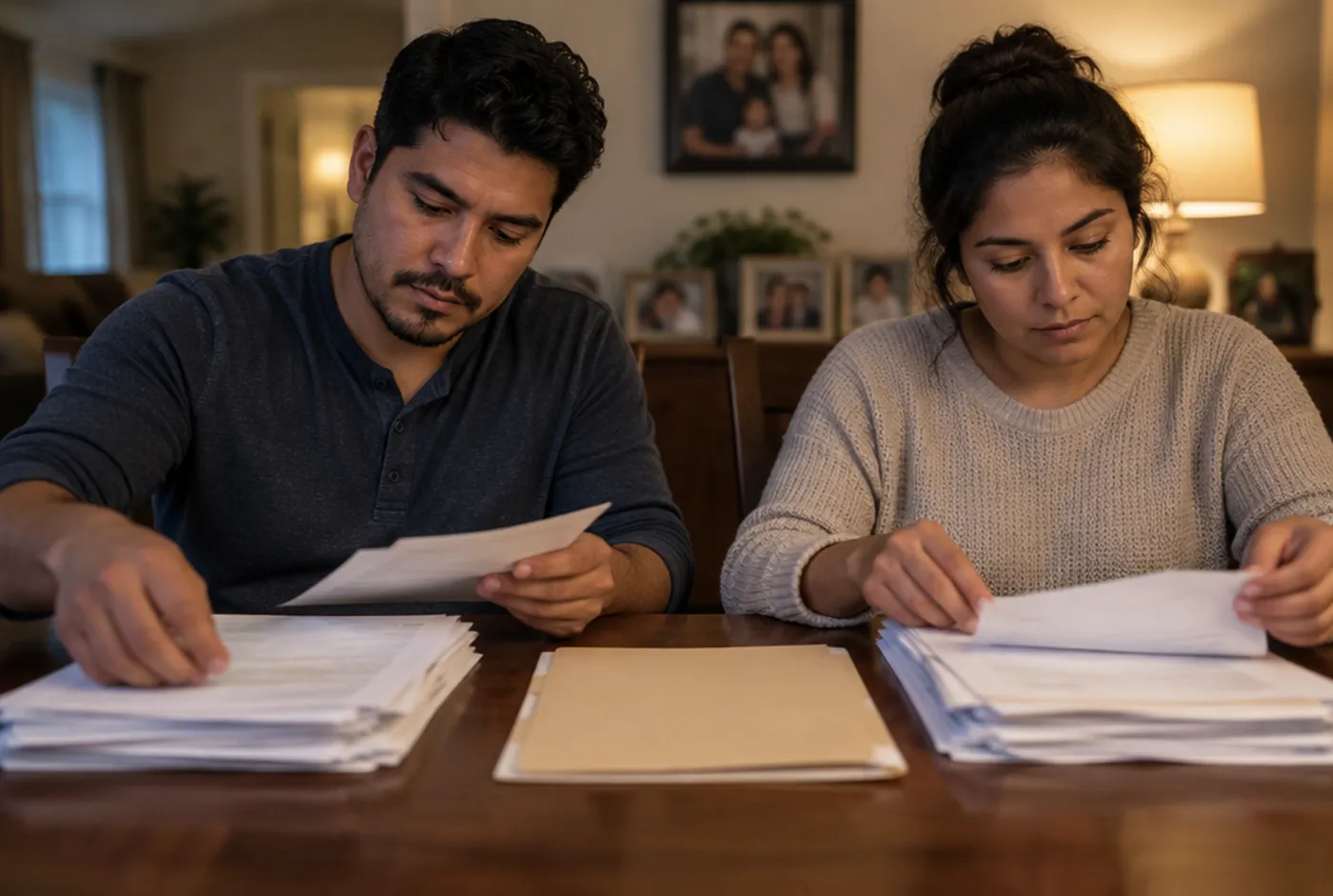 Una pareja ordena sus papeles de impuestos en la mesa del comedor